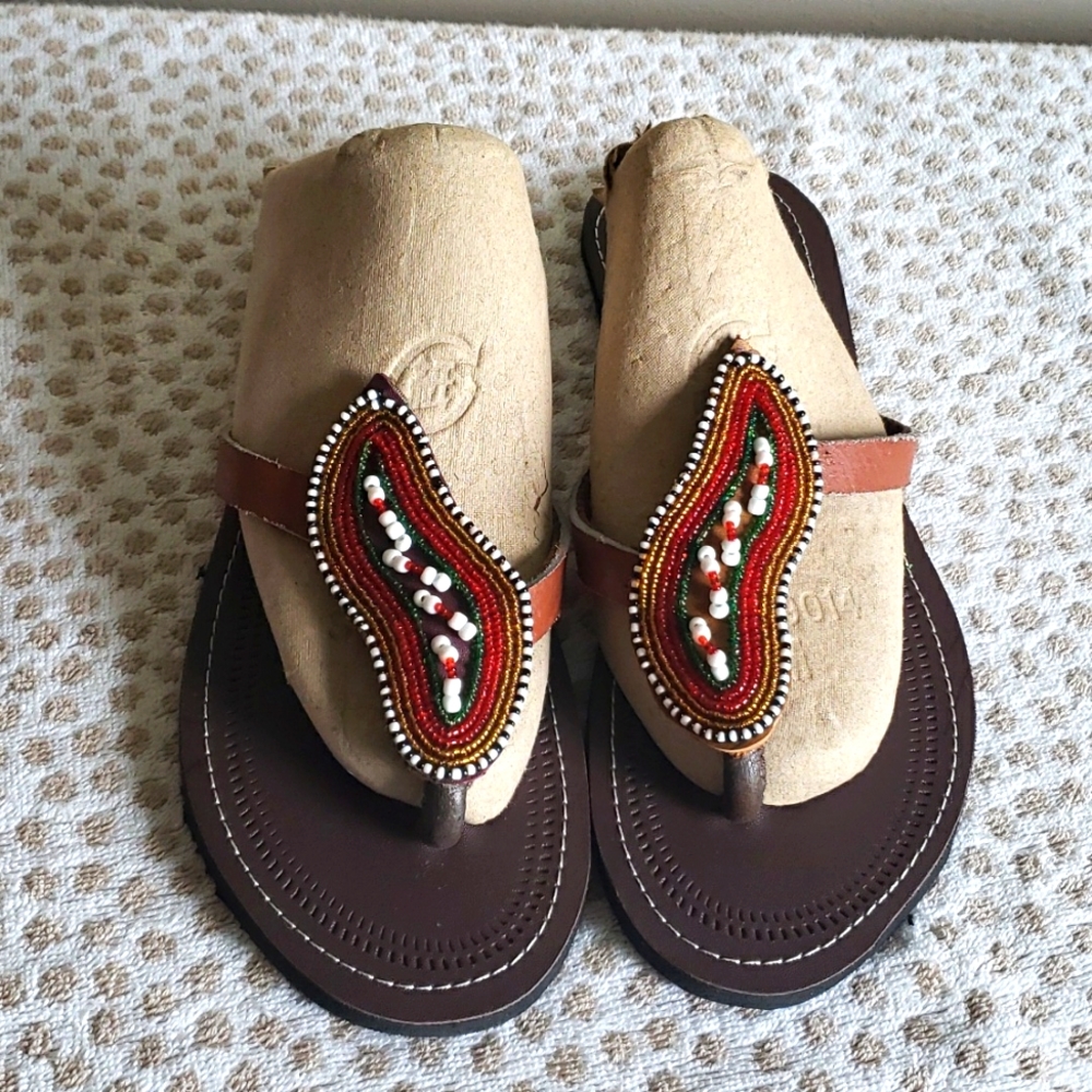 Ladies Cultural Sandals, Size 11 or 42 made with rich Cultural beads, Leather,